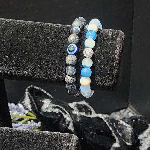 Hand Crafted Jewelry - Blue Evil Eye Stacked Stretch Bracelet